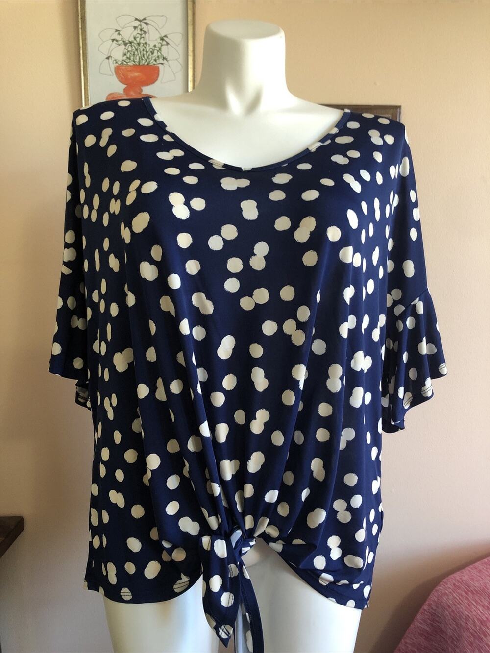 Cocomo Woman Navy White Polka Dot 3XL Short Sleeve Ruffle Tie Front Scoop Neck